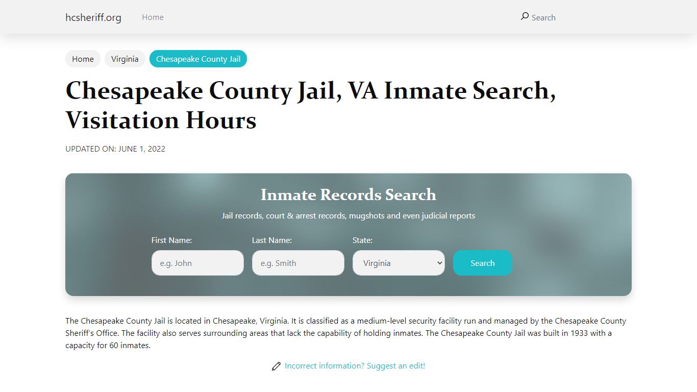 Chesapeake County Jail, VA Inmate Search, Visitation Hours